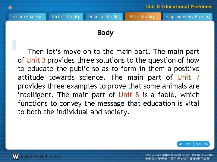 Before Reading Global Reading Detailed Reading After Reading Supplementary Reading Body Then let’s move