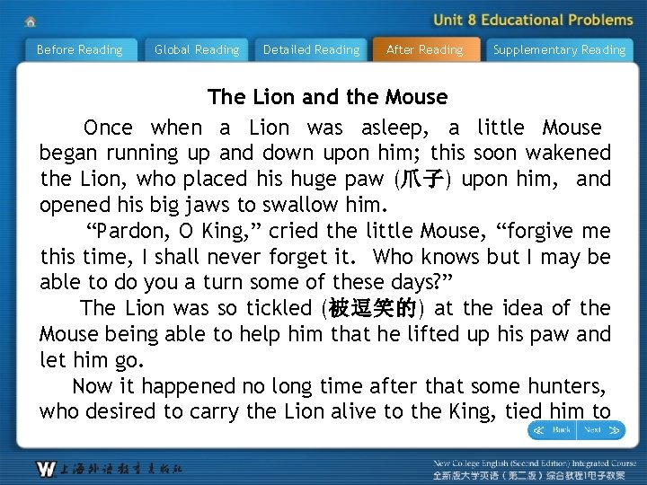 Before Reading Global Reading Detailed Reading After Reading Supplementary Reading The Lion and the