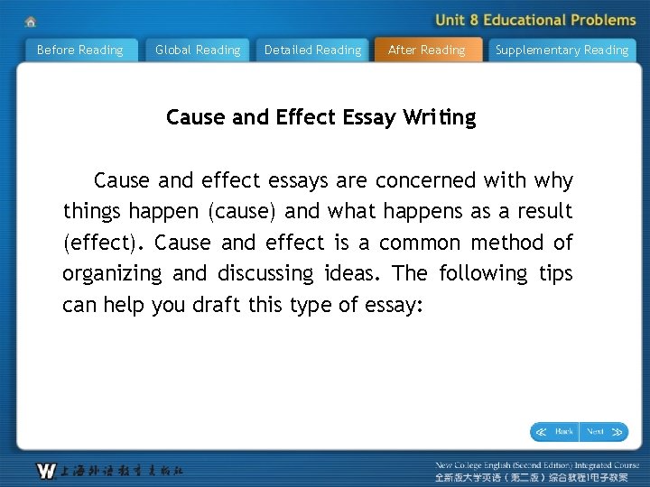 Before Reading Global Reading Detailed Reading After Reading Supplementary Reading Cause and Effect Essay