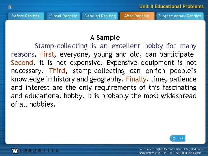 Before Reading Global Reading Detailed Reading After Reading Supplementary Reading A Sample Stamp-collecting is