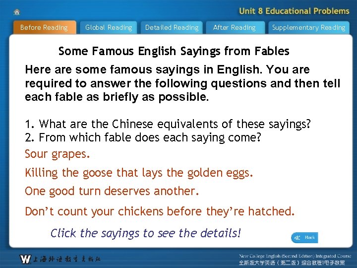 Before Reading Global Reading Detailed Reading After Reading Supplementary Reading Some Famous English Sayings