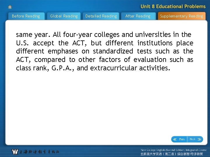 Before Reading Global Reading Detailed Reading After Reading Supplementary Reading same year. All four-year