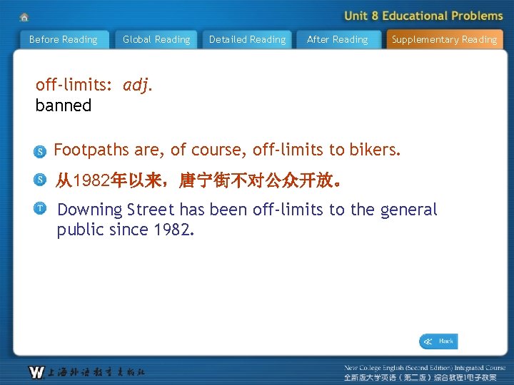 Before Reading Global Reading Detailed Reading After Reading Supplementary Reading off-limits: adj. banned Footpaths