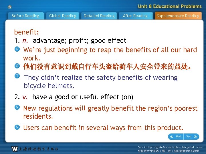 Before Reading Global Reading Detailed Reading After Reading Supplementary Reading benefit: 1. n. advantage;