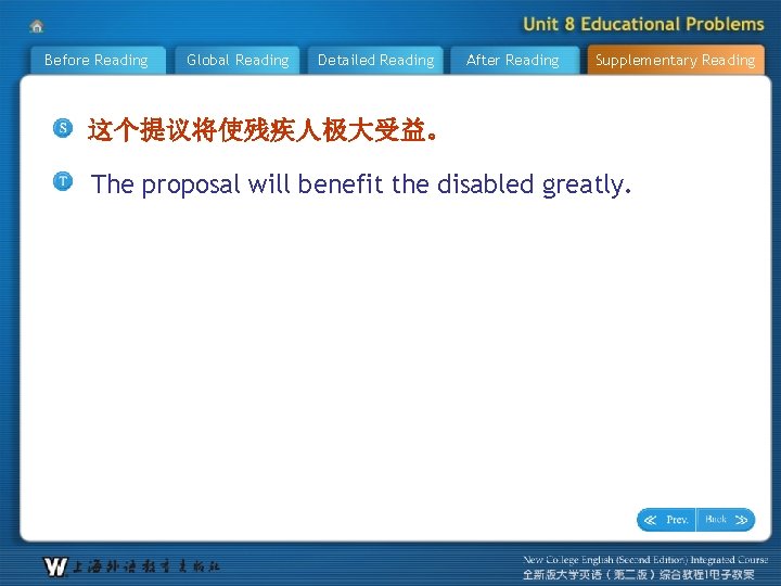 Before Reading Global Reading Detailed Reading After Reading Supplementary Reading 这个提议将使残疾人极大受益。 The proposal will