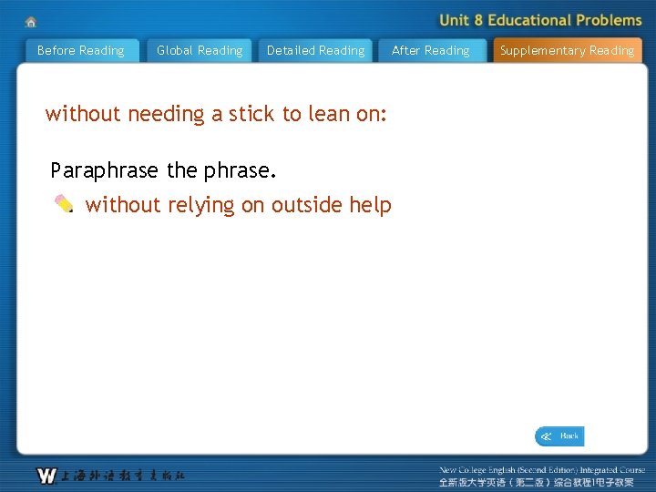 Before Reading Global Reading Detailed Reading After Reading without needing a stick to lean