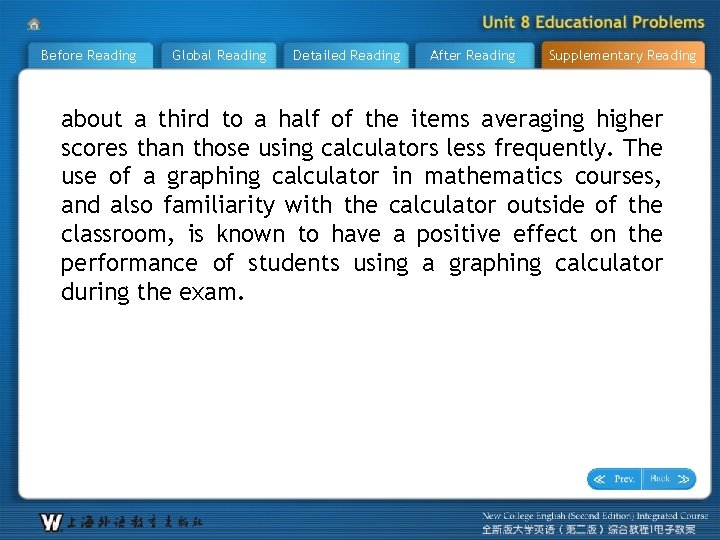 Before Reading Global Reading Detailed Reading After Reading Supplementary Reading about a third to