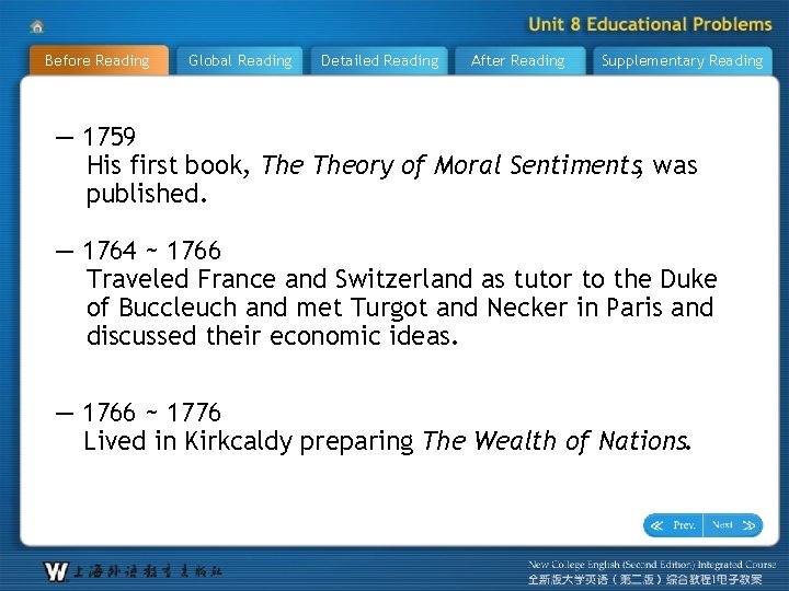 Before Reading Global Reading Detailed Reading After Reading Supplementary Reading — 1759 His first