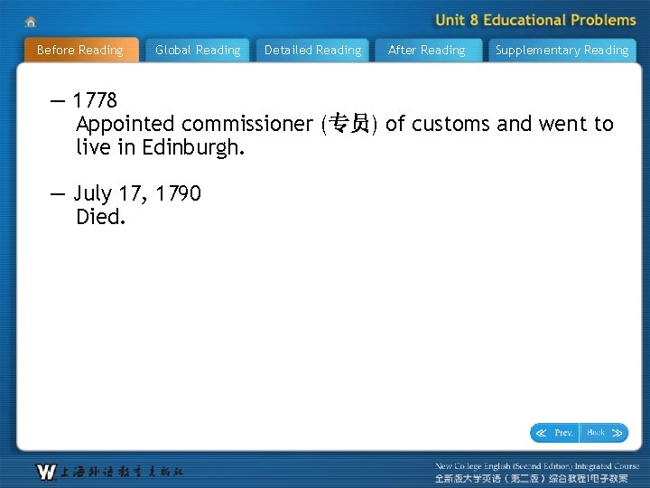 Before Reading Global Reading Detailed Reading After Reading Supplementary Reading — 1778 Appointed commissioner