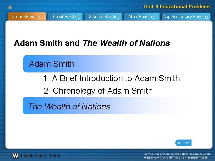Before Reading Global Reading Detailed Reading After Reading Supplementary Reading Adam Smith and The