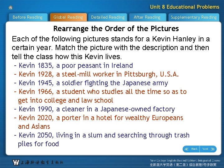 Before Reading Global Reading Detailed Reading After Reading Supplementary Reading Rearrange the Order of