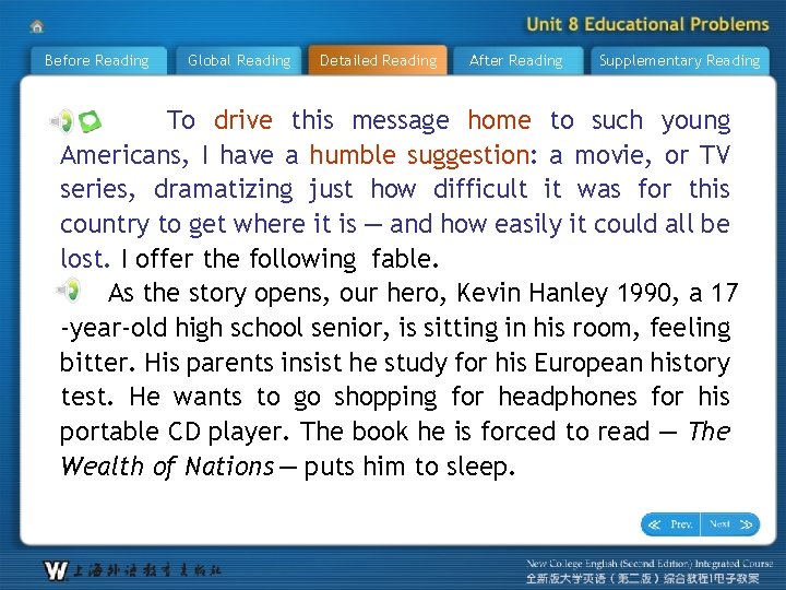 Before Reading Global Reading Detailed Reading After Reading Supplementary Reading To drive this message