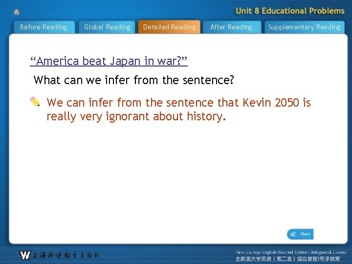 Before Reading Global Reading Detailed Reading After Reading Supplementary Reading “America beat Japan in