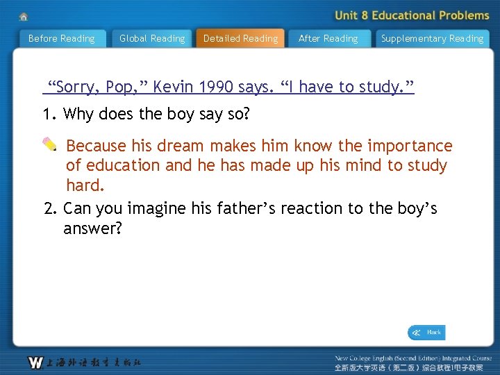 Before Reading Global Reading Detailed Reading After Reading Supplementary Reading “Sorry, Pop, ” Kevin