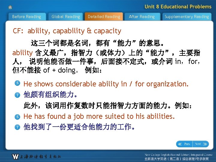 Before Reading Global Reading Detailed Reading After Reading Supplementary Reading CF: ability, capability &