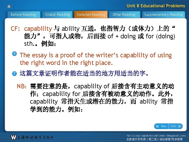 Before Reading Global Reading Detailed Reading After Reading Supplementary Reading CF: capability 与 ability