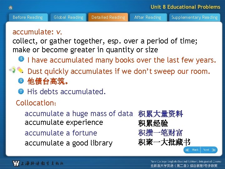 Before Reading Global Reading Detailed Reading After Reading Supplementary Reading accumulate: v. collect, or