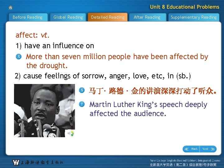 Before Reading Global Reading Detailed Reading After Reading Supplementary Reading affect: vt. 1) have