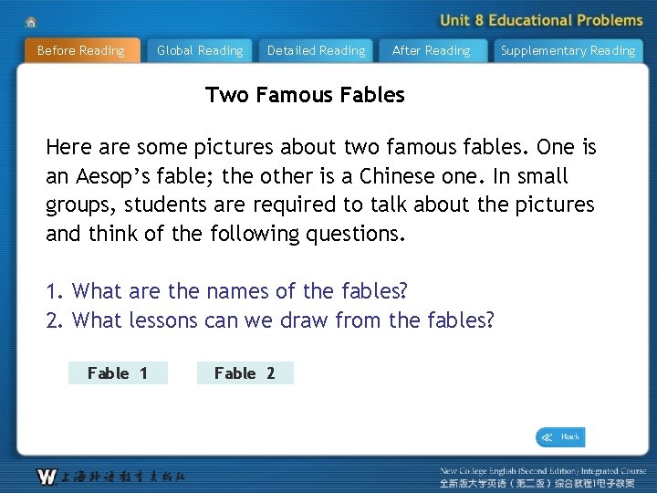 Before Reading Global Reading Detailed Reading After Reading Supplementary Reading Two Famous Fables Here