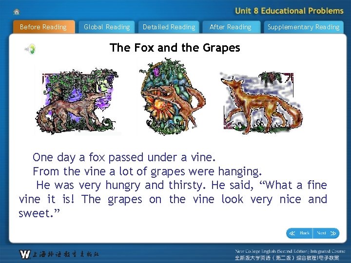 Before Reading Global Reading Detailed Reading After Reading Supplementary Reading The Fox and the