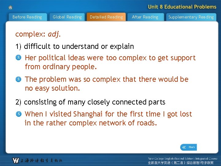 Before Reading Global Reading Detailed Reading After Reading Supplementary Reading complex: adj. 1) difficult