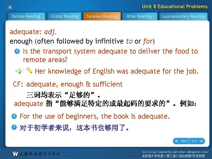 Before Reading Global Reading Detailed Reading After Reading Supplementary Reading adequate: adj. enough (often