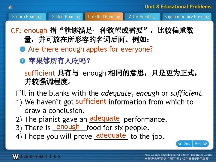 Before Reading Global Reading Detailed Reading After Reading Supplementary Reading CF: enough 指“能够满足一种欲望或需要”，比较偏重数 量，并可放在所形容的名词后面。例如：