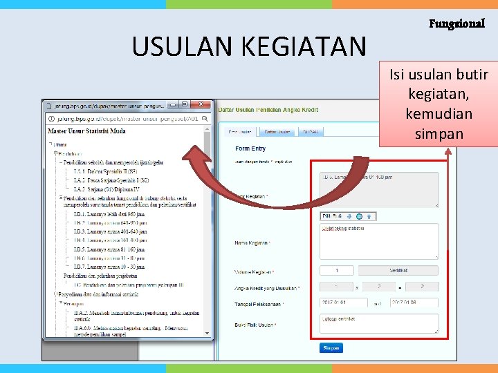 USULAN KEGIATAN Fungsional Isi usulan butir kegiatan, kemudian simpan 