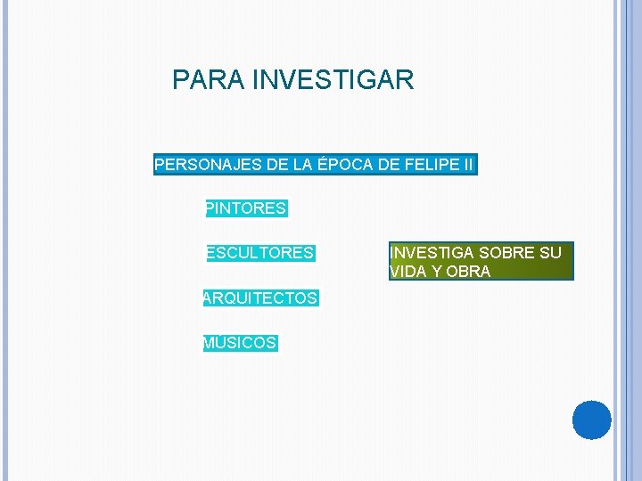 PARA INVESTIGAR PERSONAJES DE LA ÉPOCA DE FELIPE II PINTORES ESCULTORES ARQUITECTOS MÚSICOS INVESTIGA