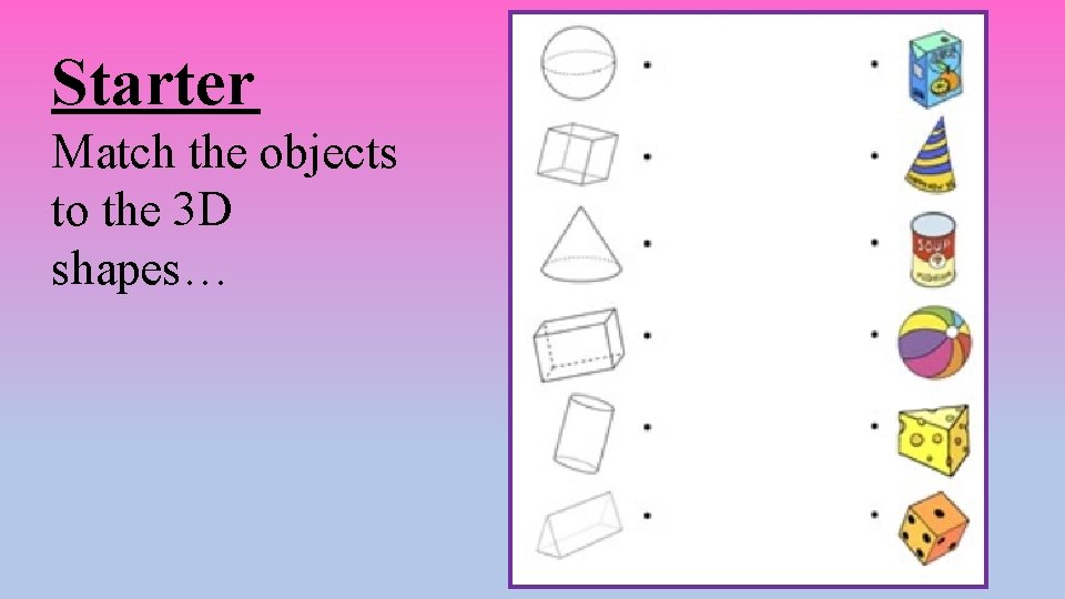 Starter Match the objects to the 3 D shapes… Starter Match the objects to the 3 D shapes…