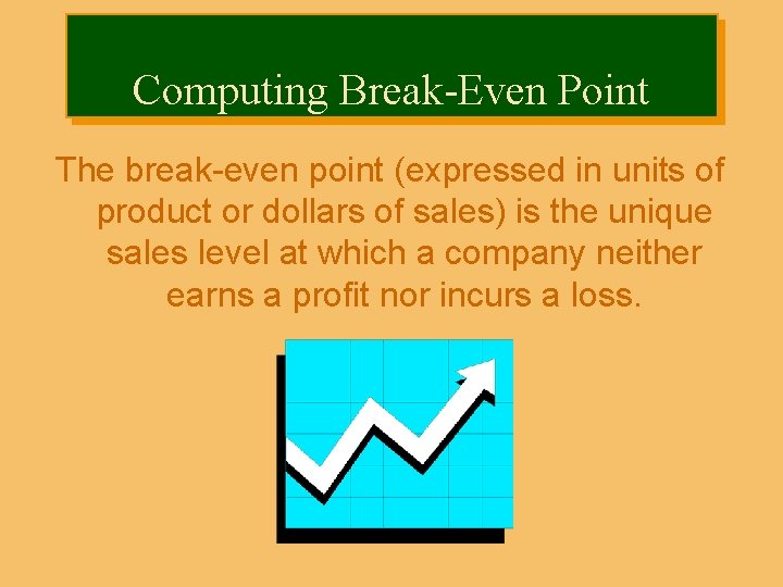 Computing Break-Even Point The break-even point (expressed in units of product or dollars of