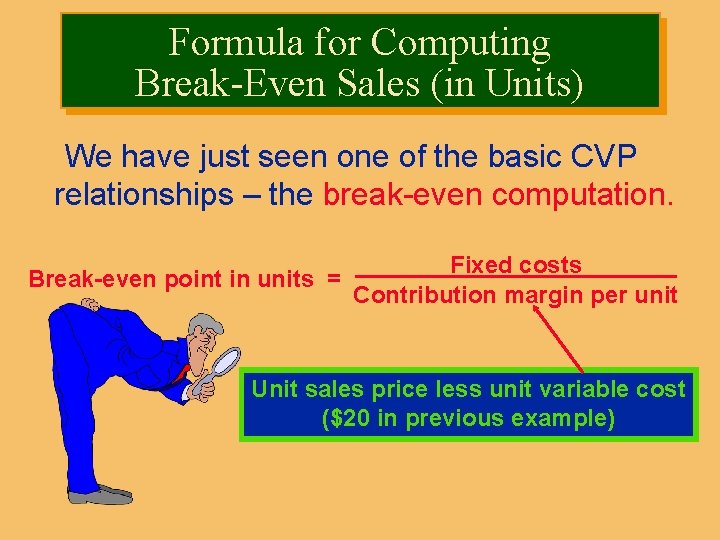 Formula for Computing Finding the Break-Even Point Break-Even Sales (in Units) We have just