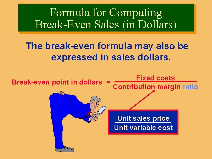 Formula for Computing Break-Even Sales (in Dollars) The break-even formula may also be expressed