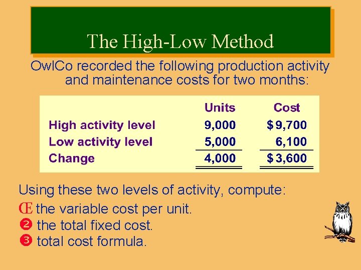 The High-Low Method Owl. Co recorded the following production activity and maintenance costs for