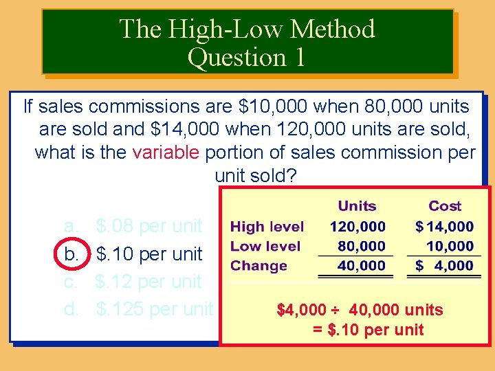 The High-Low Method Question 1 If sales commissions are $10, 000 when 80, 000