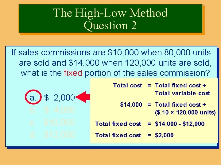 The High-Low Method Question 2 If sales commissions are $10, 000 when 80, 000