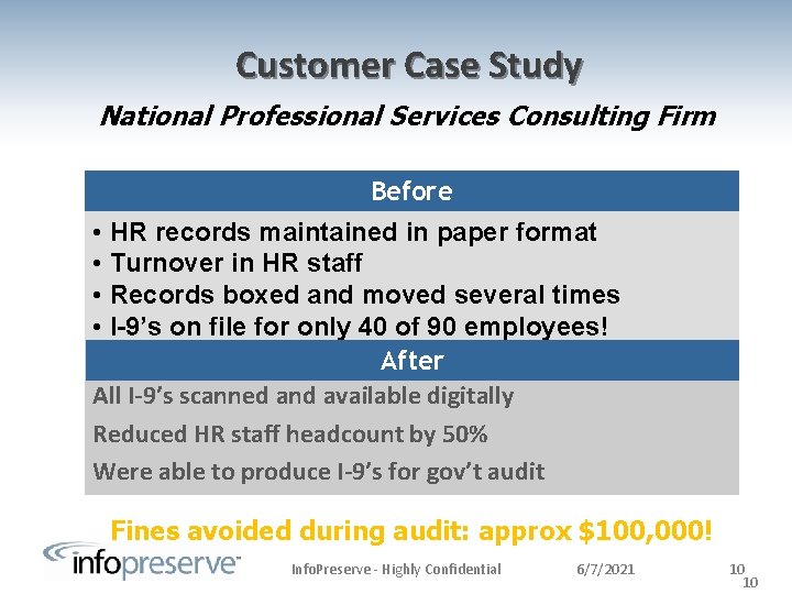 Customer Case Study National Professional Services Consulting Firm Before • HR records maintained in