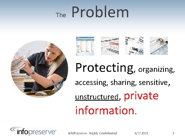 The Problem Protecting, organizing, accessing, sharing, sensitive, unstructured, private information. Info. Preserve - Highly