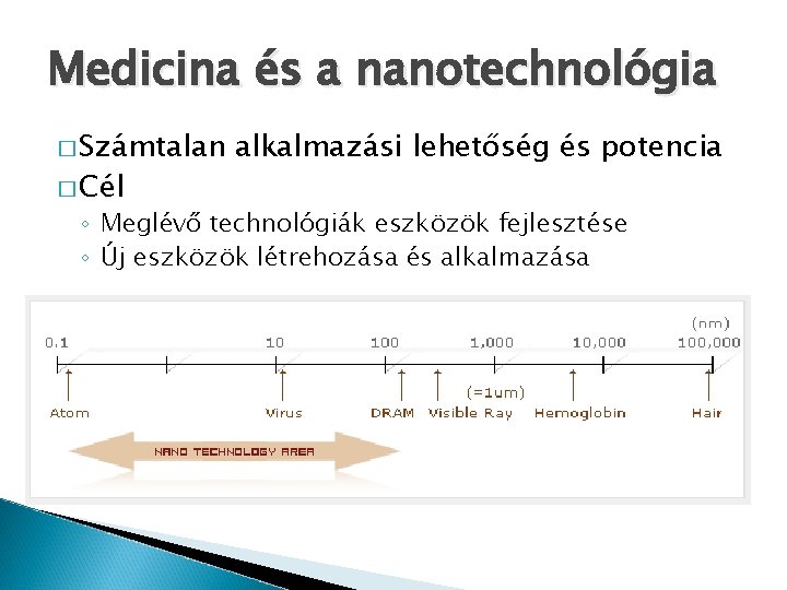 Medicina és a nanotechnológia � Számtalan � Cél alkalmazási lehetőség és potencia ◦ Meglévő