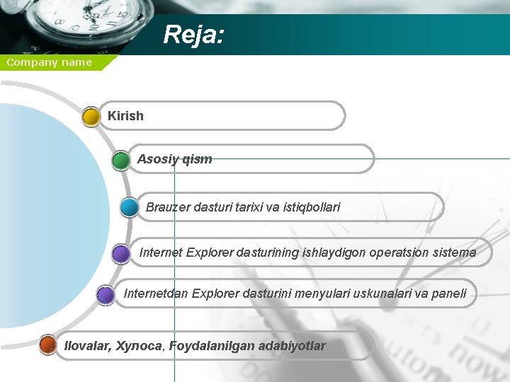 Reja: Company name Kirish Asosiy qism Brauzer dasturi tarixi va istiqbollari Internet Explorer dasturining