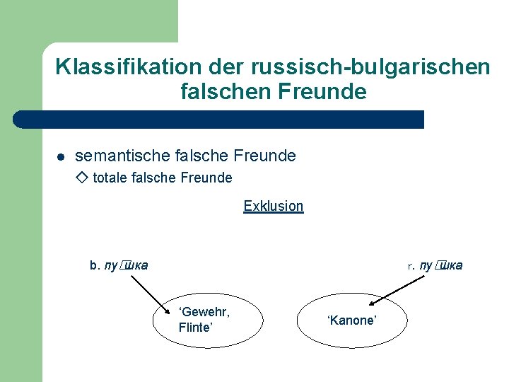 Klassifikation der russisch-bulgarischen falschen Freunde l semantische falsche Freunde ◇ totale falsche Freunde Exklusion