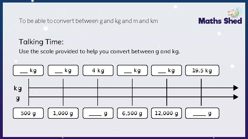 To be able to convert between g and kg and m and km Talking