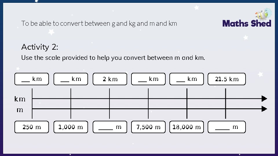 To be able to convert between g and kg and m and km Activity