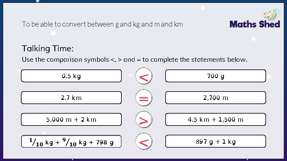 To be able to convert between g and kg and m and km Talking