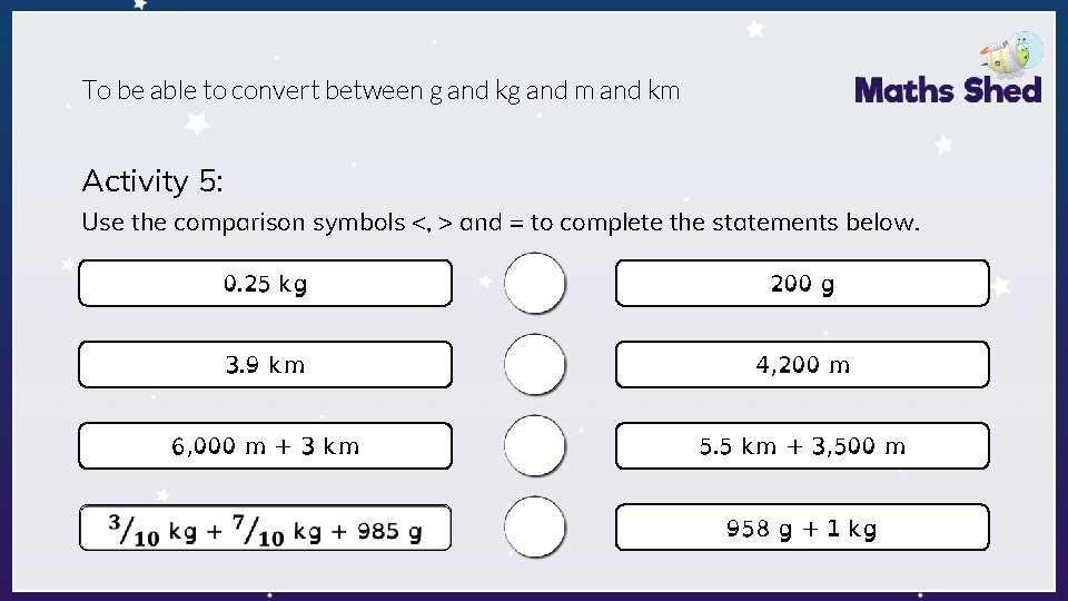 To be able to convert between g and kg and m and km Activity