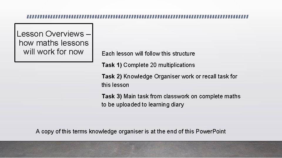 Lesson Overviews – how maths lessons will work for now Each lesson will follow