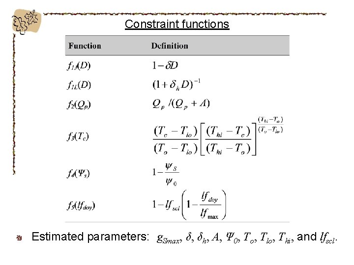 Constraint functions Estimated parameters: g. Smax, δ, δh, A, Ψ 0, To, Tlo, Thi,