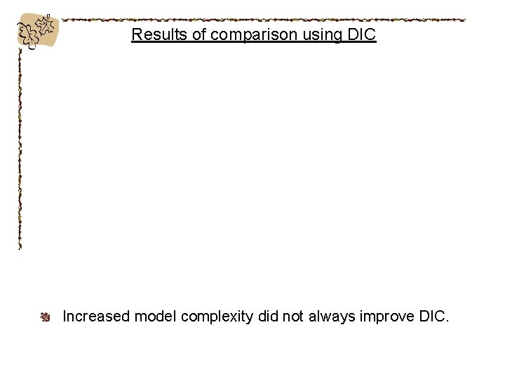 Results of comparison using DIC Increased model complexity did not always improve DIC. 