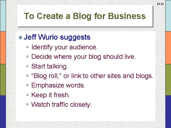 13 -13 To Create a Blog for Business ¨ Jeff Wurio suggests § Identify