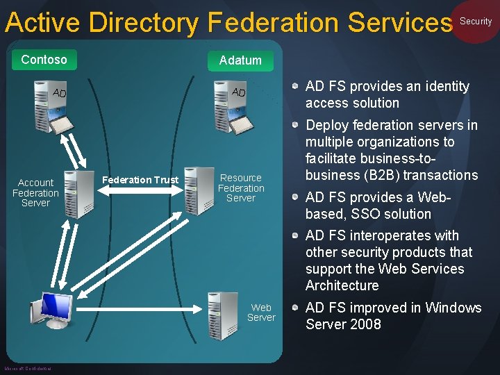 Active Directory Federation Services Contoso Adatum AD FS provides an identity access solution AD
